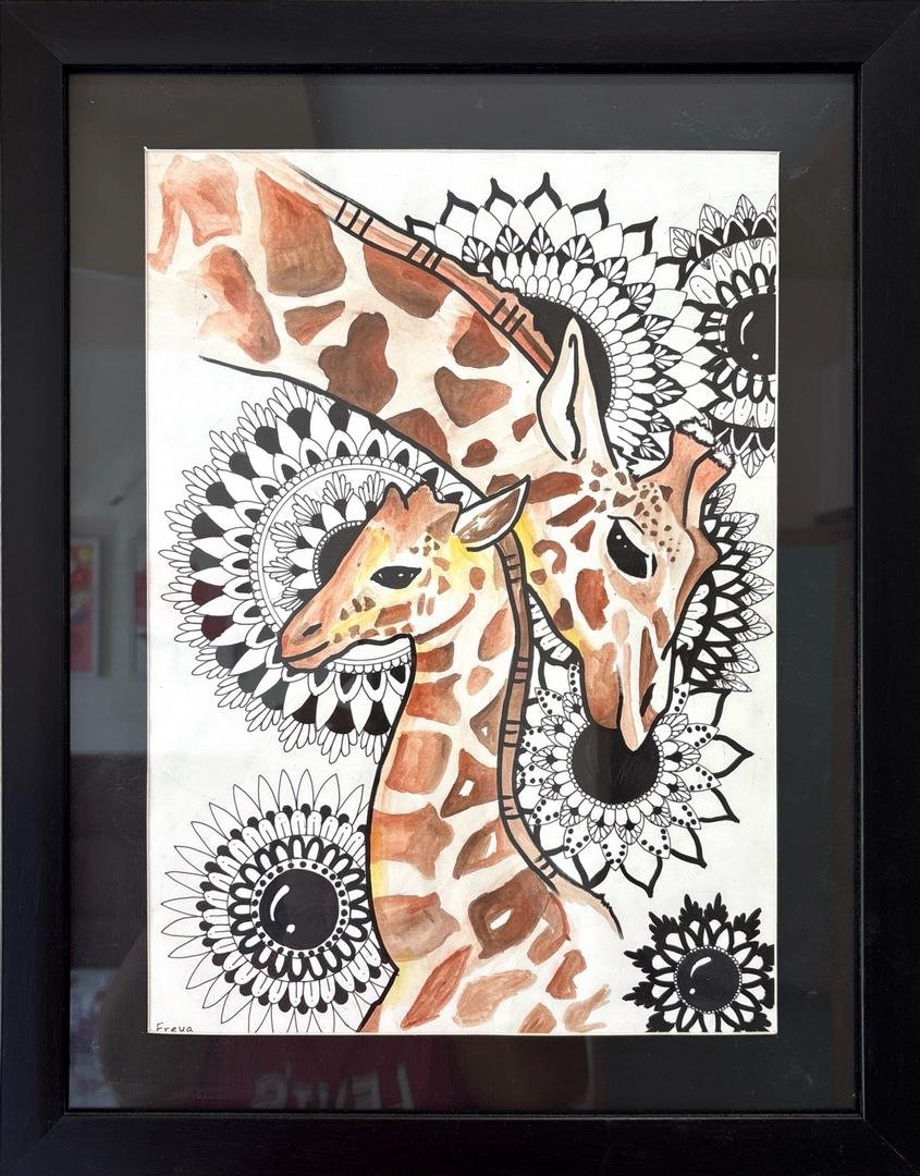 Two giraffes in watercolor, embraced by the beauty of intricate mandala patterns